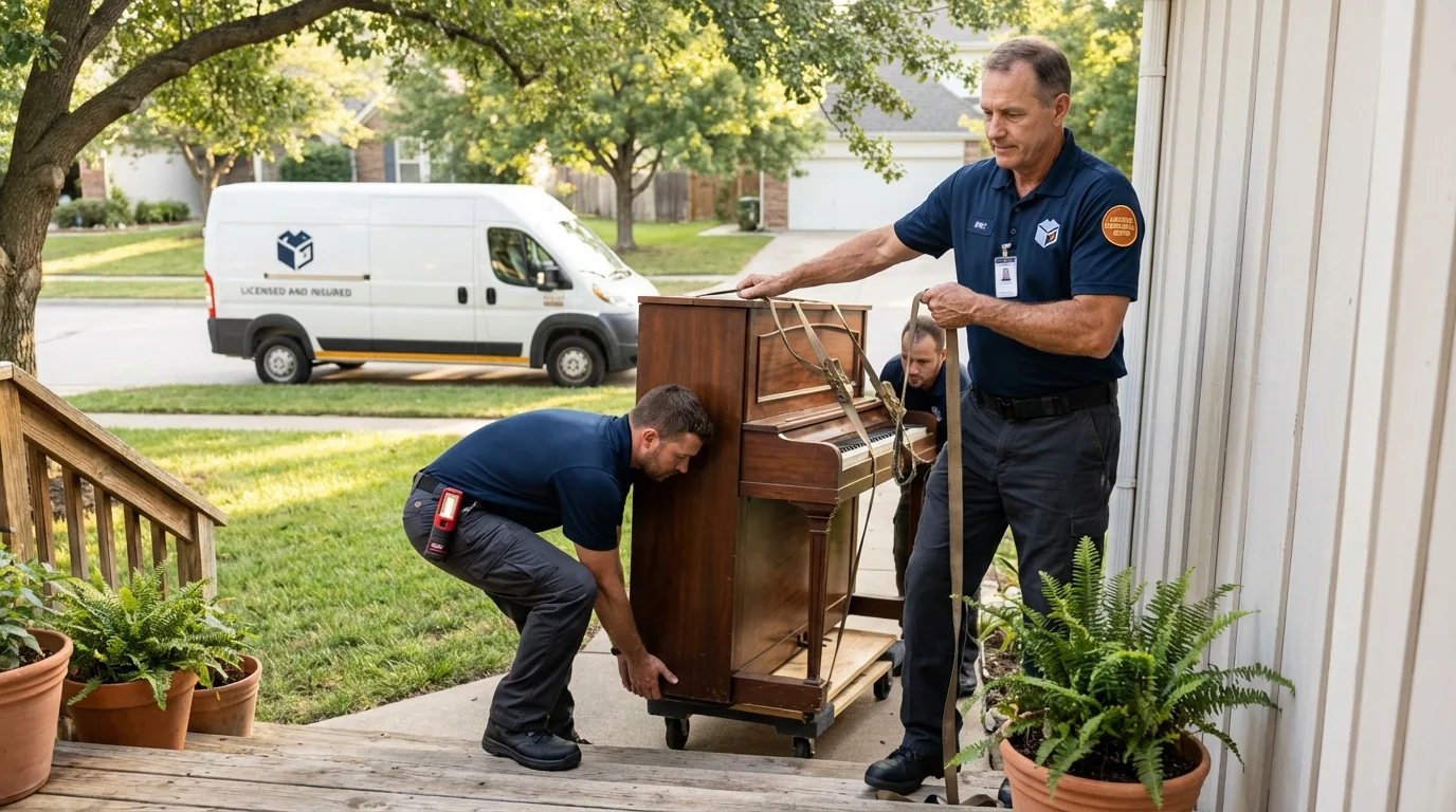 Licensed piano movers securing grand piano in Vinalhaven, ME