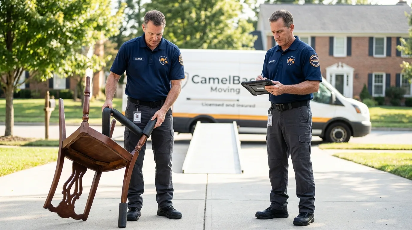 Movers inspecting furniture for damage prevention before loading in Vinalhaven, ME