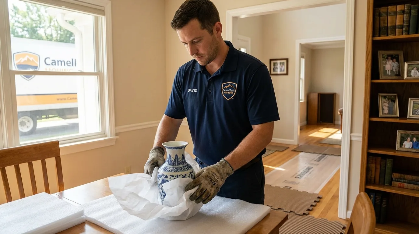 Professional crew carefully wrapping antique vase for senior downsizing move in Vinalhaven, ME